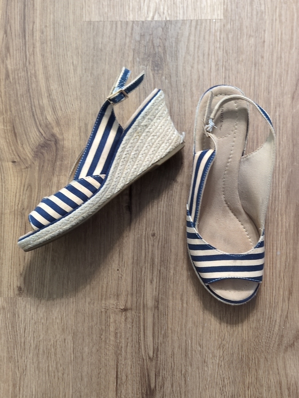 Lands' End Navy and White Striped Espadrille Wedge Sandals - Open Toe Slingback